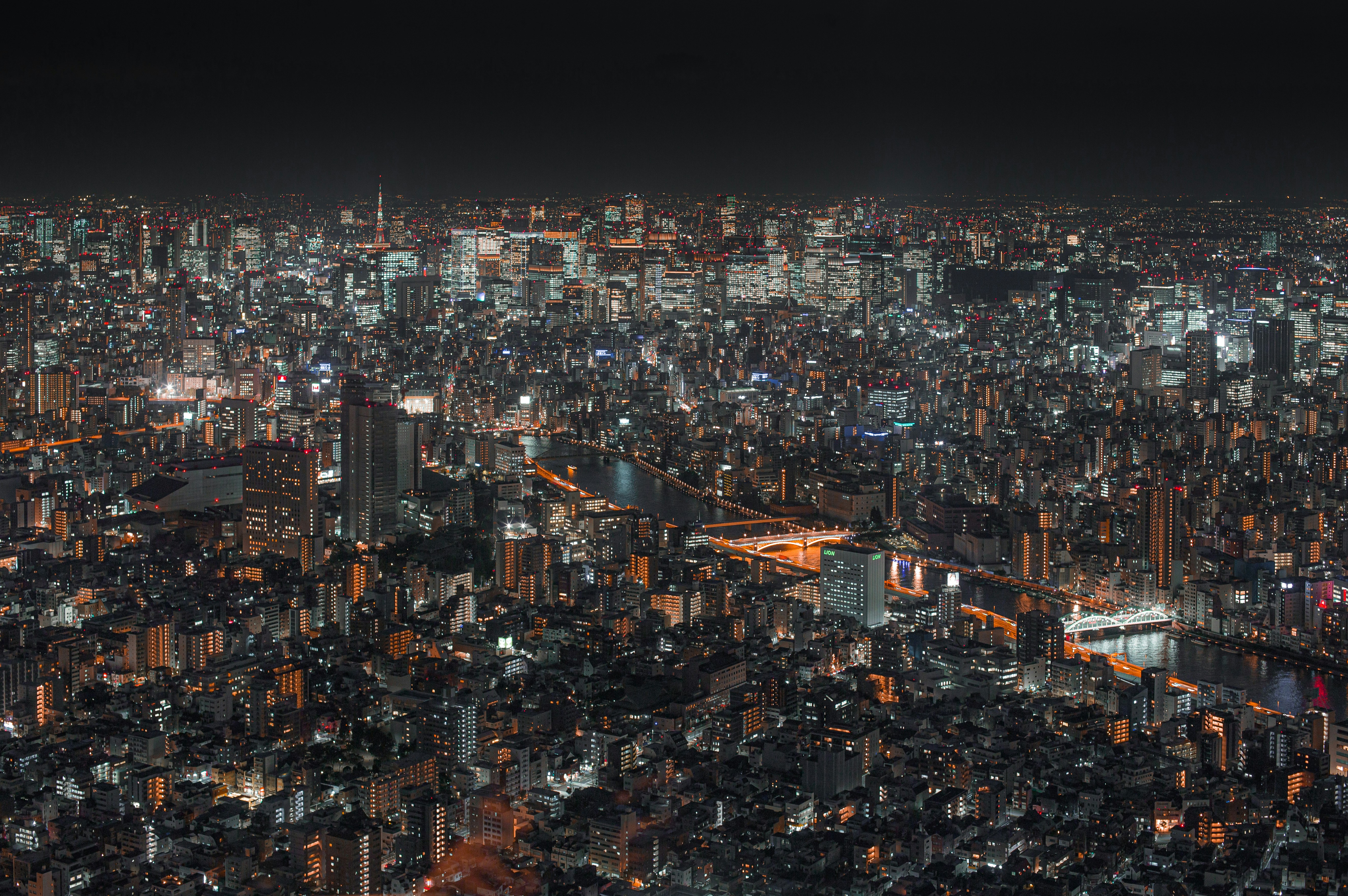 top view of lighted cityscape at night